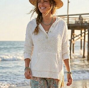 Lou & Grey White Lightweight Boucle Hooded Henley Sweater Size M